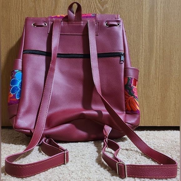 Faux Leather Floral Embroidered Backpack Purse - Picture 3 of 8